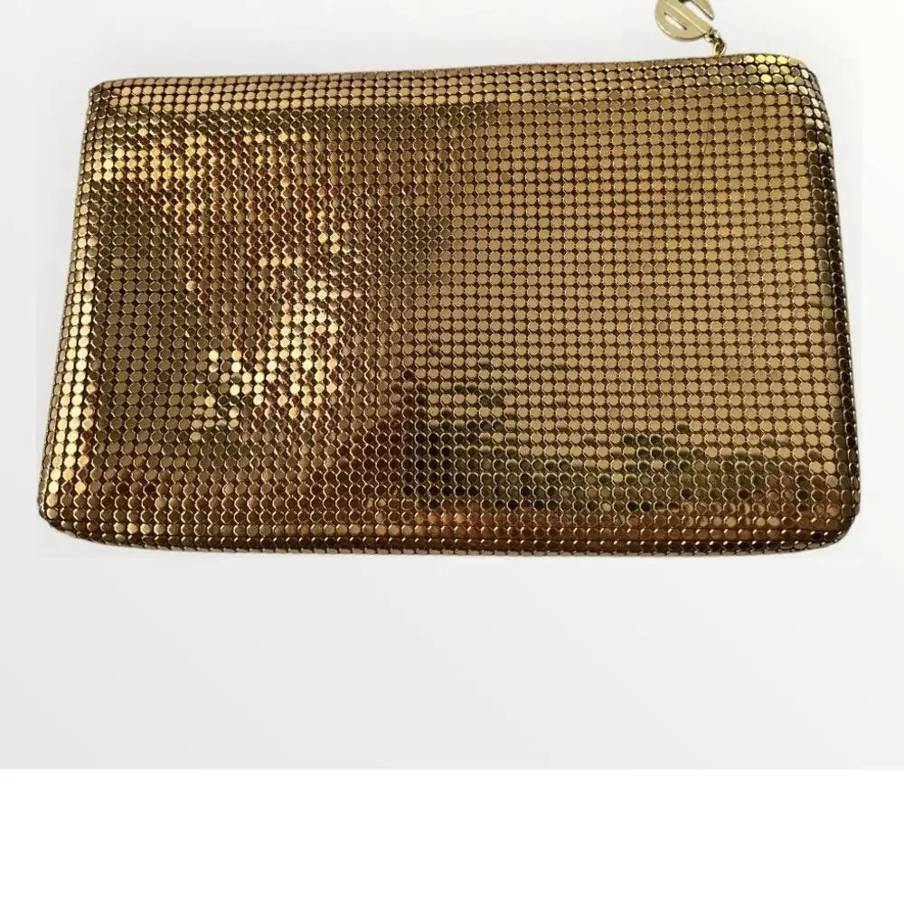 Vintage Whiting and Davis Gold Clutch | Perfect condition | Emblem zipper